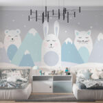 Fototapeten Weiße Katze mit einem blauen Kreis und rosa Punkten