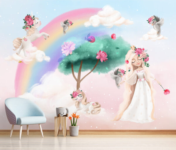 Einhörner und Regenbögen in einer magischen Szene Fototapeten Einhörner und Regenbögen in einer magischen Szene