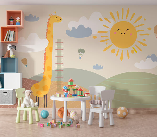 Giraffe, die die Körpergröße eines Kindes misst Fototapeten Giraffe, die die Körpergröße eines Kindes misst