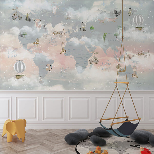 Weltkarte mit Wolken und Tieren Fototapeten Weltkarte mit Wolken und Tieren