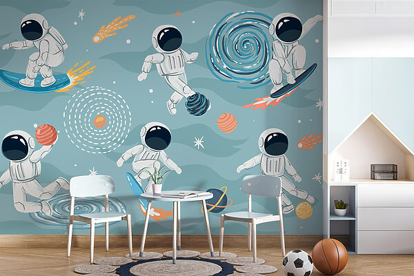 Cartoon eines Astronauten auf einem Surfbrett Fototapeten Cartoon eines Astronauten auf einem Surfbrett