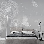 Fototapeten Weißer Löwenzahn mit fliegenden Schmetterlingen