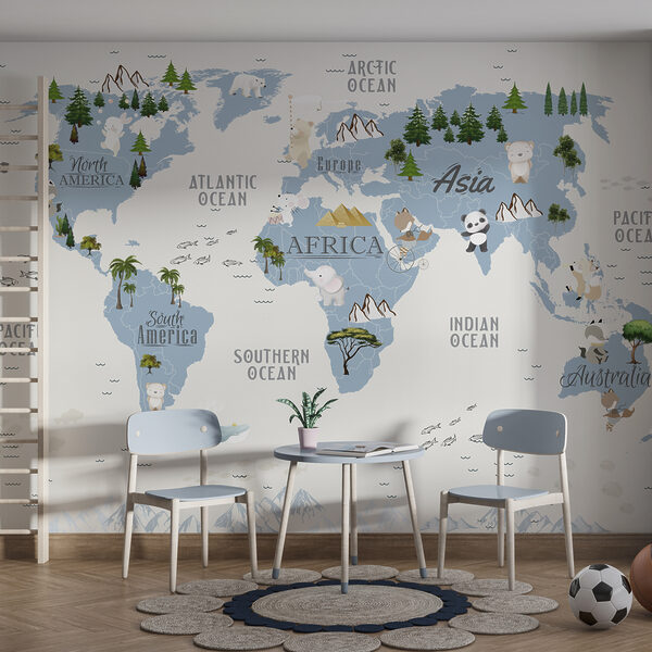 Karte der Welt mit Tieren und Text Fototapeten Karte der Welt mit Tieren und Text