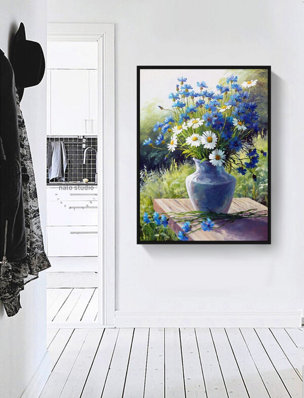 Blaue Kornblumen mit Gänseblümchen in Vase Wandbilder Blaue Kornblumen mit Gänseblümchen in Vase