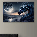 Wandbilder Blauer Drache mit Hörnern und einem Mond im Hintergrund