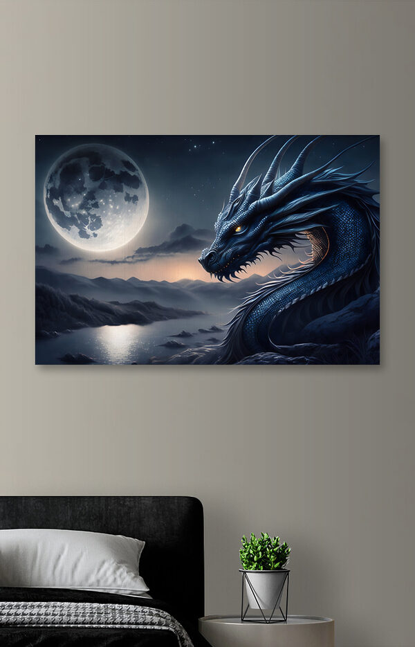 Blauer Drache mit Hörnern und einem Mond im Hintergrund Wandbilder Blauer Drache mit Hörnern und einem Mond im Hintergrund