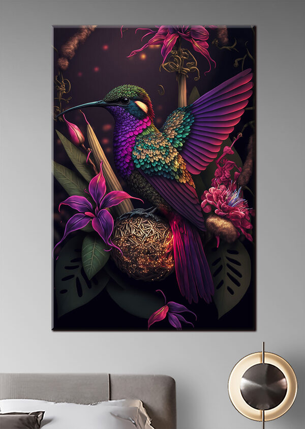 Lebhafter Kolibri inmitten exotischer Blüten Wandbilder Lebhafter Kolibri inmitten exotischer Blüten