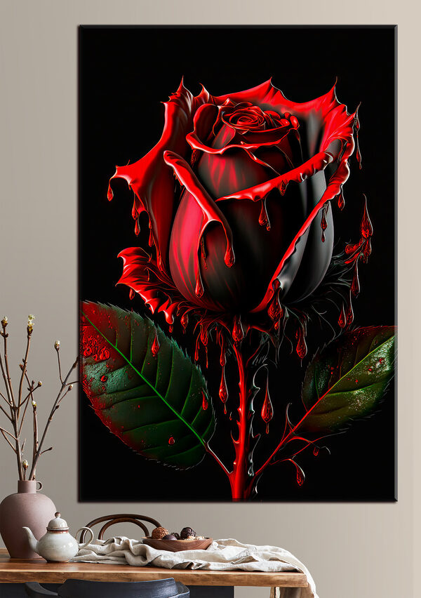 Rote Rose mit dunklen, tropfenden Blütenblättern Wandbilder Rote Rose mit dunklen, tropfenden Blütenblättern