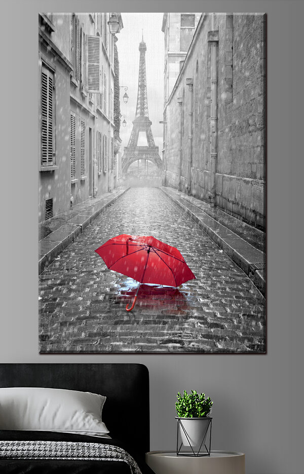 Roter Regenschirm auf nasser Pariser Straße Wandbilder Roter Regenschirm auf nasser Pariser Straße