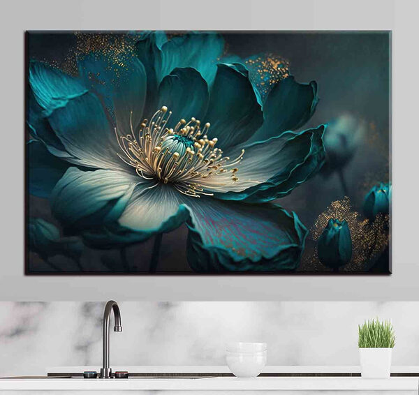 Leuchtend blaugrüne Blume mit leuchtenden Akzenten Wandbilder Leuchtend blaugrüne Blume mit leuchtenden Akzenten
