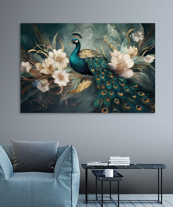 Majestätischer Pfau inmitten von eleganten Blüten Wandbilder Majestätischer Pfau inmitten von eleganten Blüten