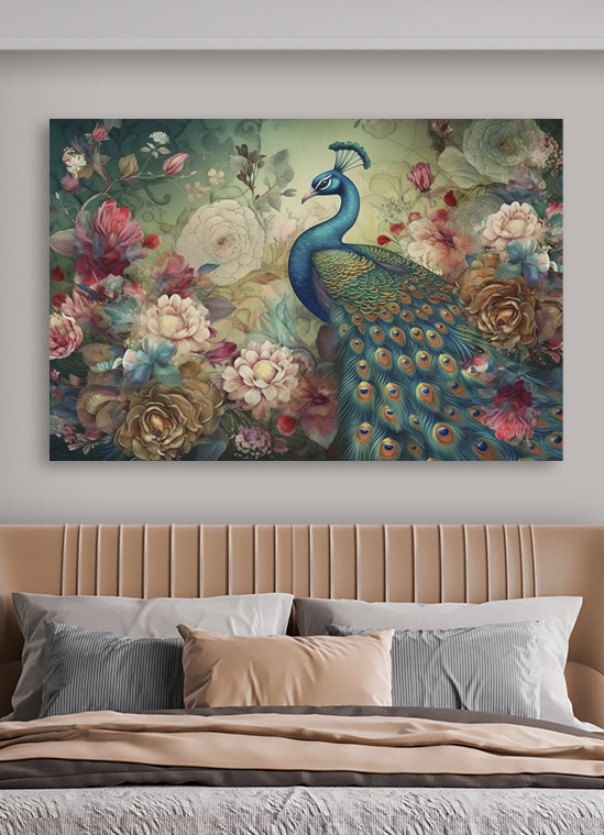 Eleganter Pfau inmitten leuchtender Blüten Wandbilder Eleganter Pfau inmitten leuchtender Blüten