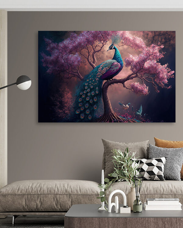 Bunter Pfau auf einem Baumzweig Wandbilder Bunter Pfau auf einem Baumzweig