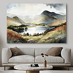 Wandbilder Aquarell eines von Bergen umgebenen Sees