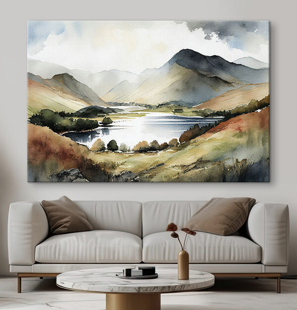 Aquarell eines von Bergen umgebenen Sees Wandbilder Aquarell eines von Bergen umgebenen Sees