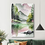 Wandbilder Aquarellmalerei eines Sees mit Bäumen und Bergen im Hintergrund