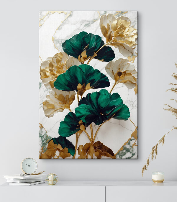 Smaragdgrüne und elfenbeinfarbene Blüten verflechten sich auf elegante Weise Wandbilder Smaragdgrüne und elfenbeinfarbene Blüten verflechten sich auf elegante Weise