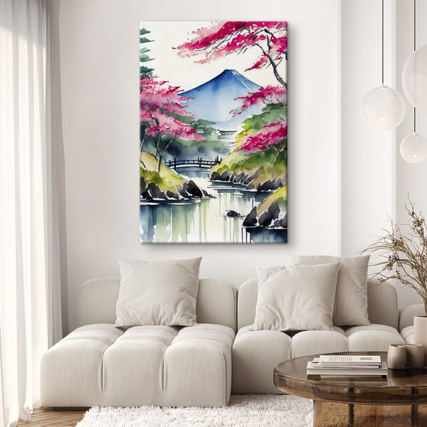 Aquarellmalerei eines Berges und Bäume mit rosa Blumen Wandbilder Aquarellmalerei eines Berges und Bäume mit rosa Blumen