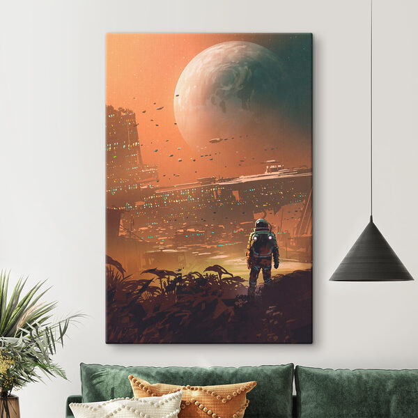 Astronaut untersucht futuristische außerirdische Landschaft Wandbilder Astronaut untersucht futuristische außerirdische Landschaft