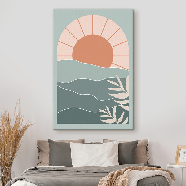 Sonnenuntergang über Wellen und Blättern Wandbilder Sonnenuntergang über Wellen und Blättern