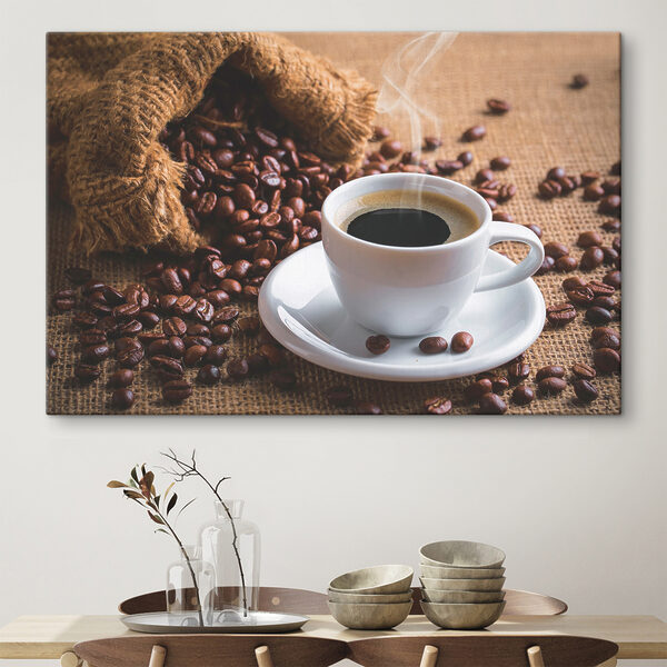 Tasse Kaffee und eine Tüte Kaffeebohnen Wandbilder Tasse Kaffee und eine Tüte Kaffeebohnen