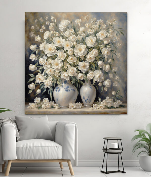 Weiße Blumen in eleganten blauen Vasen Wandbilder Weiße Blumen in eleganten blauen Vasen