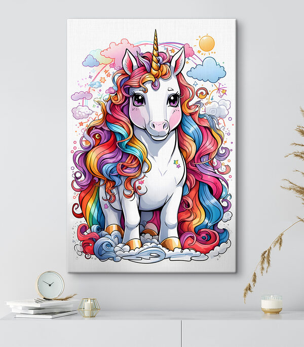 Cartoon eines Einhorns mit Regenbogenhaar Wandbilder Cartoon eines Einhorns mit Regenbogenhaar