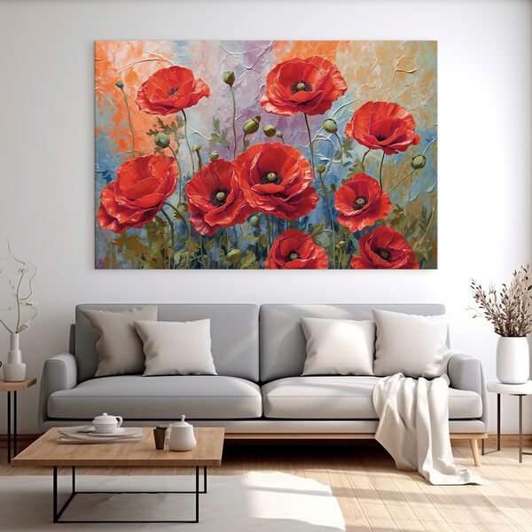 Lebendige Mohnblumen unter gemaltem Himmel Wandbilder Lebendige Mohnblumen unter gemaltem Himmel