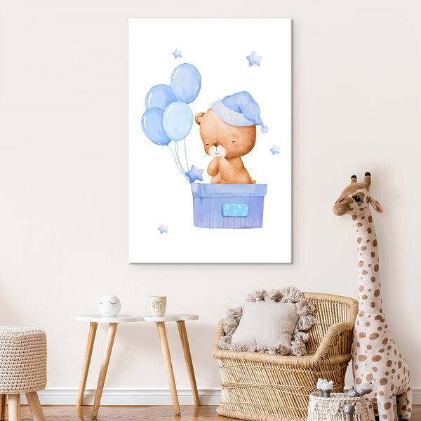 Teddybär in einer Schachtel mit Luftballons Wandbilder Teddybär in einer Schachtel mit Luftballons