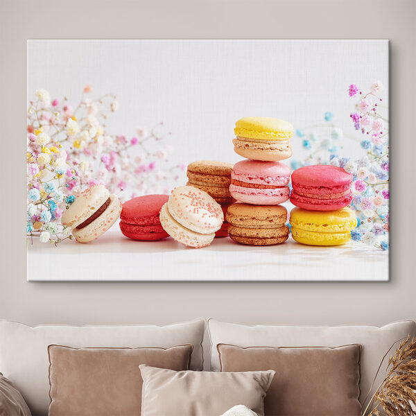 Bunte Macarons mit zarten Blumen Wandbilder Bunte Macarons mit zarten Blumen