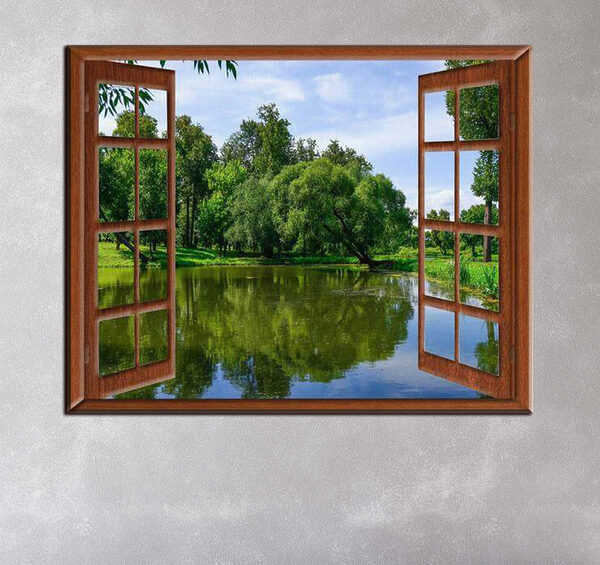 Blick auf einen Teich durch ein Fenster Wandbilder Blick auf einen Teich durch ein Fenster