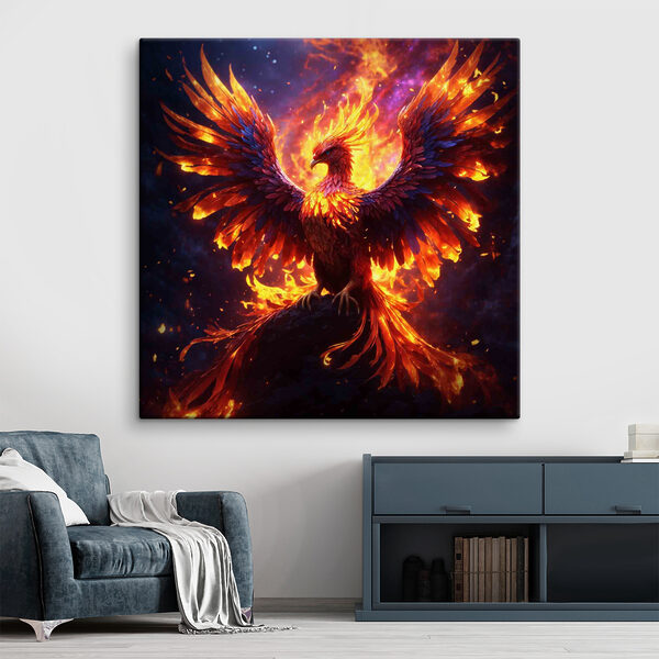 Vogel mit ausgebreiteten Flügeln und Flammen im Hintergrund Wandbilder Vogel mit ausgebreiteten Flügeln und Flammen im Hintergrund