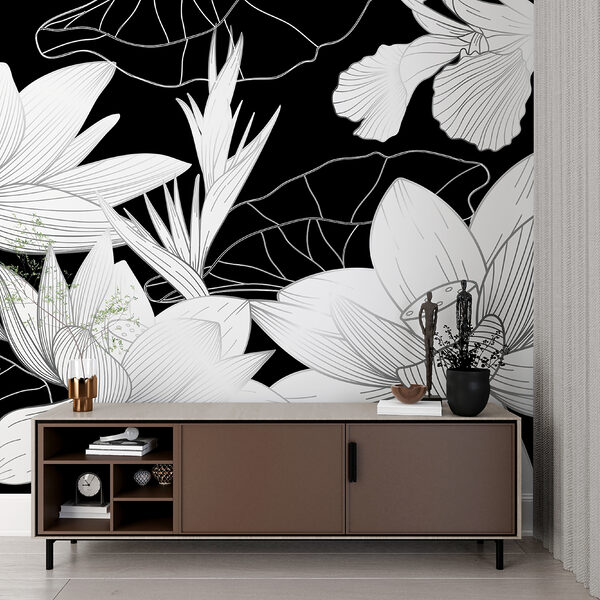 Elegantes schwarz-weißes Blumendesign Fototapeten Elegantes schwarz-weißes Blumendesign