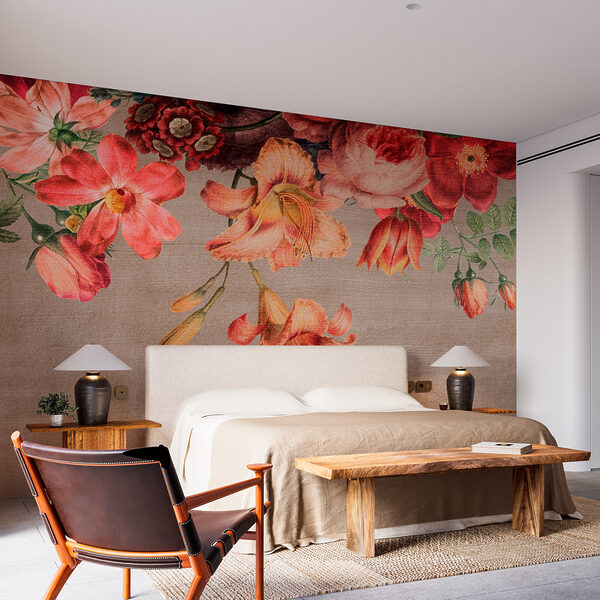 Lebendige Blüten auf rustikaler Leinwand Fototapeten Lebendige Blüten auf rustikaler Leinwand
