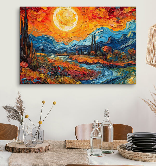 Lebendiger Sonnenuntergang über bunter Landschaft Wandbilder Lebendiger Sonnenuntergang über bunter Landschaft