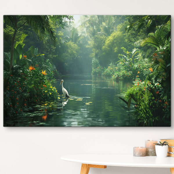 Gelassener Dschungelfluss mit Reiher Wandbilder Gelassener Dschungelfluss mit Reiher