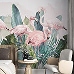 Fototapeten Gruppe von rosa Flamingos und Blättern