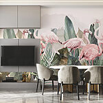 Fototapeten Gruppe von rosa Flamingos und Blättern