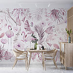 Fototapeten Pastellfarbene Flamingos zwischen floralen Mustern