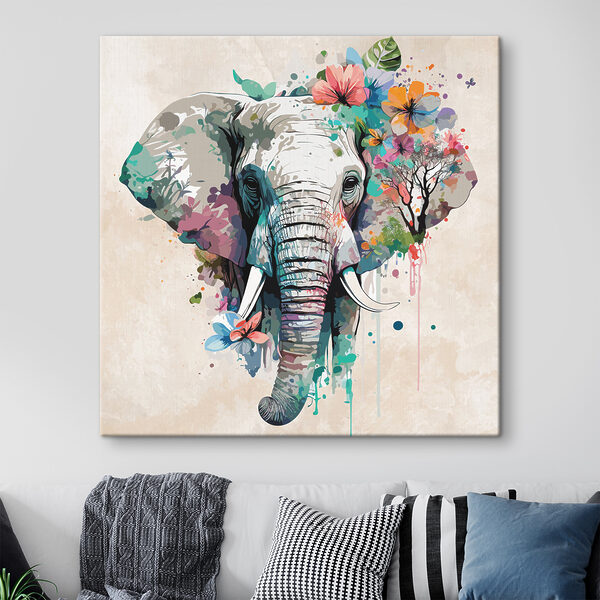 Elefant umgeben von bunten Blüten Wandbilder Elefant umgeben von bunten Blüten