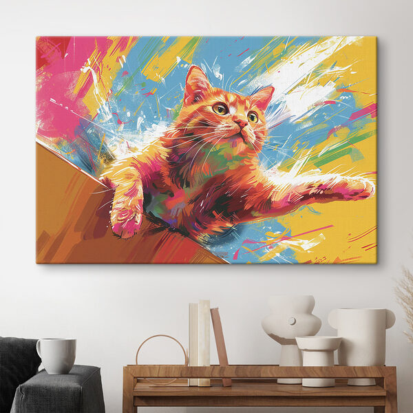 Bunte Katze springt durch Spritzer Wandbilder Bunte Katze springt durch Spritzer