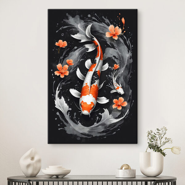 Koi-Fische schwimmen mit Orangenblüten Wandbilder Koi-Fische schwimmen mit Orangenblüten