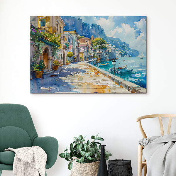 Ein Dorf am Meer mit Booten und Sonnenschein Wandbilder Ein Dorf am Meer mit Booten und Sonnenschein