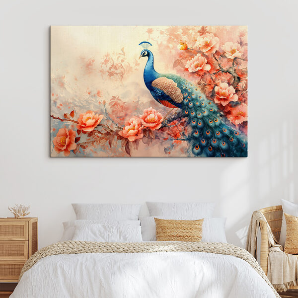Majestätischer Pfau inmitten leuchtender Blüten Wandbilder Majestätischer Pfau inmitten leuchtender Blüten