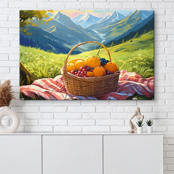Korb mit Obst auf einer Decke Wandbilder Korb mit Obst auf einer Decke