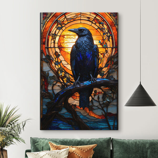 Glasfenster mit einem Vogel auf einem Zweig Wandbilder Glasfenster mit einem Vogel auf einem Zweig