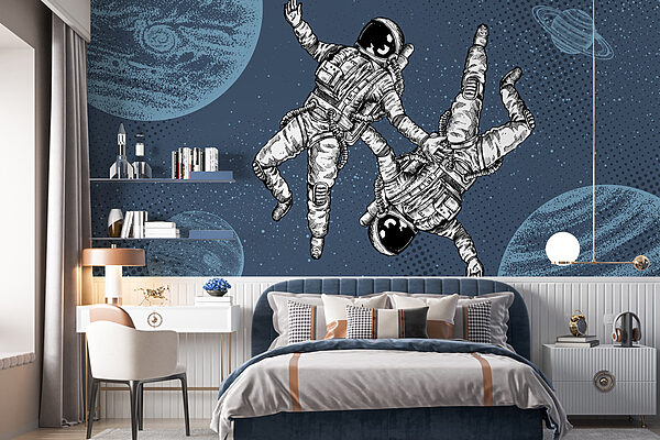 Zwei Astronauten schweben im Weltraum Fototapeten Zwei Astronauten schweben im Weltraum