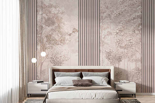 Baum mit Blättern in einem nebligen Wald Fototapeten Baum mit Blättern in einem nebligen Wald