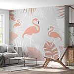 Fototapeten Flamingos zwischen tropischen Blättern.
