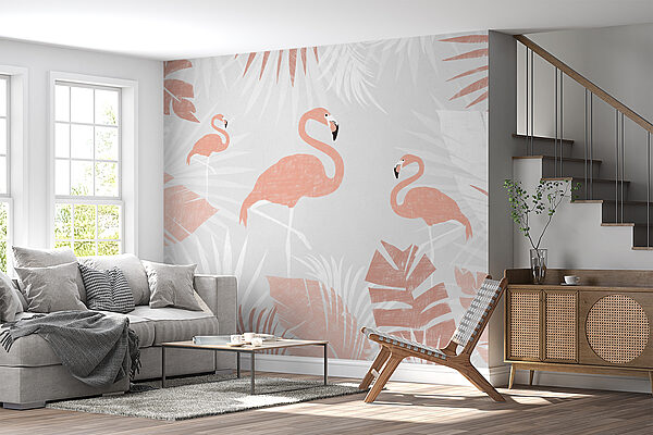 Flamingos zwischen tropischen Blättern Fototapeten Flamingos zwischen tropischen Blättern